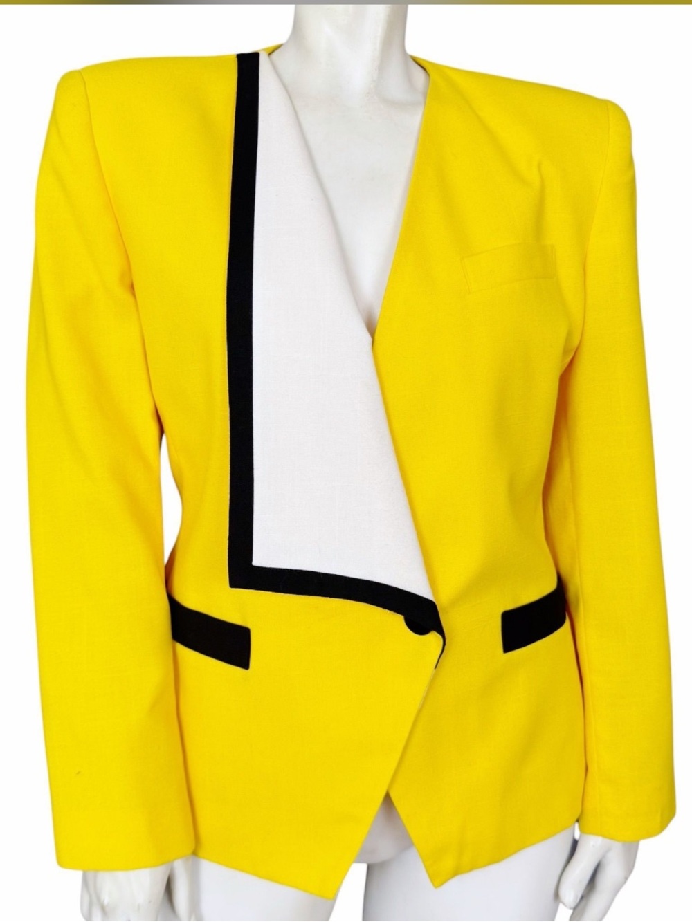 Vintage Fashion Attitude Yellow Blazer Jacket with Black and White Trim Collar